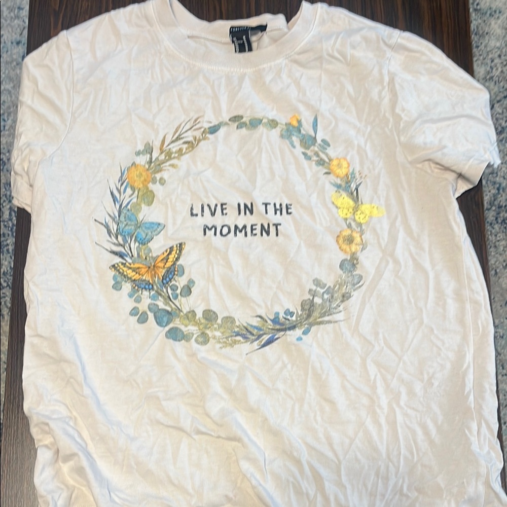 Forever 21 White and Yellow Short Sleeve Tee with Floral Design